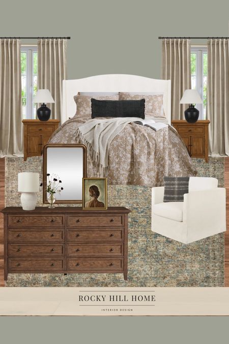 Romantic Modern Cottage Primary Bedroom, FB Pigeon, white upholstered bed, pottery barn oak dresser, amber lewis x Loloi rug, Walmart lamps, affordable living room chair, gold mirror, green bedroom 

#LTKhome #LTKstyletip