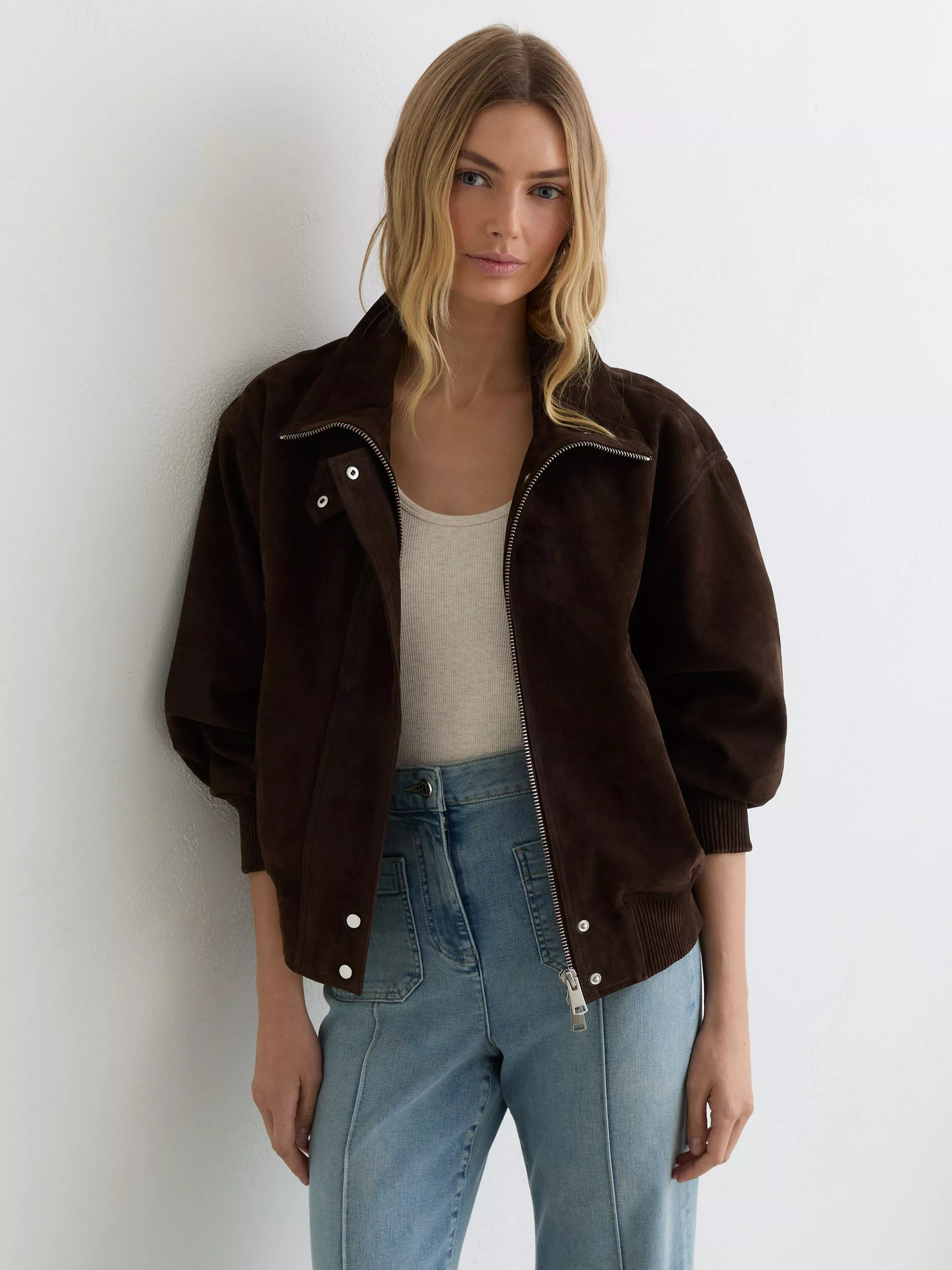 Reiss Petite Cara Suede Bomber Jacket, Chocolate Brown | John Lewis (UK)