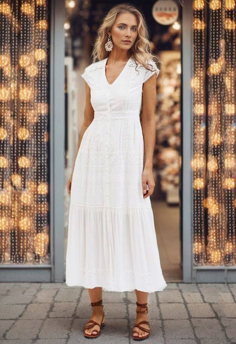 Eyelet Embroidery Panelled Button Down Dress | Chicwish