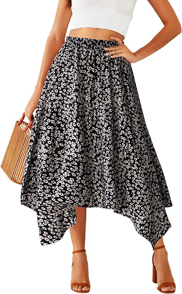 Hibluco Women's High Waist Asymmetrical Boho Midi Casual Floral Skirt | Amazon (US)