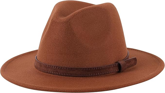 Lanzom Women Wide Brim Warm Wool Fedora Hat Retro Style Belt Panama Hat | Amazon (US)