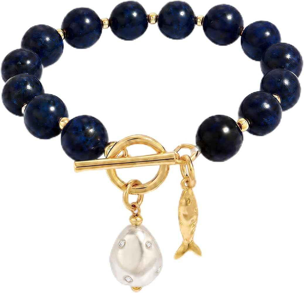 Boho Pearl Bracelets for Women Dainty Beaded Bracelet with Green Clear and Dark Blue Beads White ... | Amazon (US)