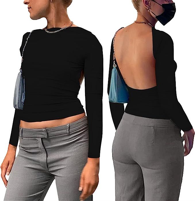Backless Tops for Women Sexy - Casual Y2K Crop Shirts Long Sleeve Crewneck Slim Fit Cut Out Tees | Amazon (US)