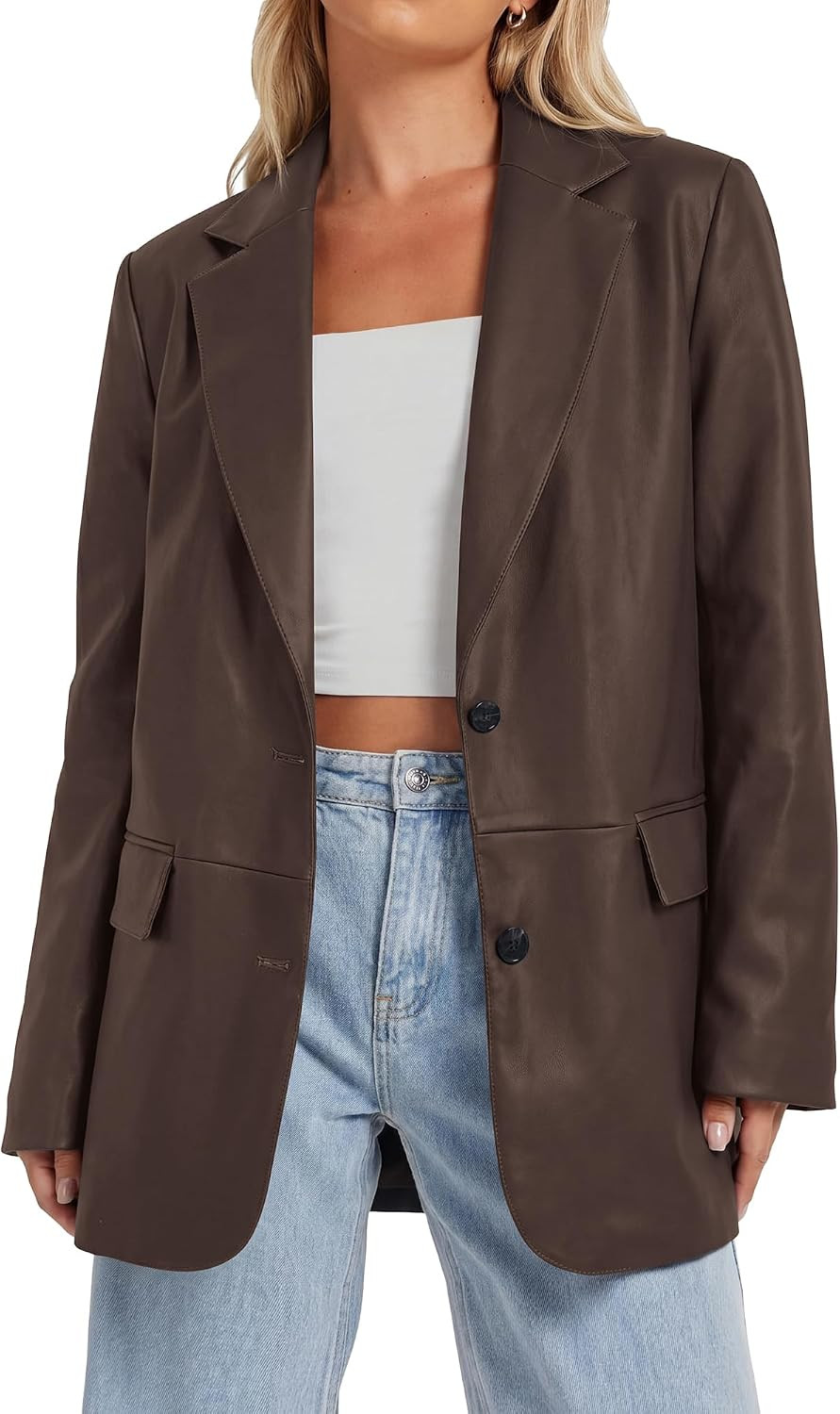 KIRUNDO Women's Loose Soft Faux Leather Blazer Jacket with Flap Pockets | Amazon (US)