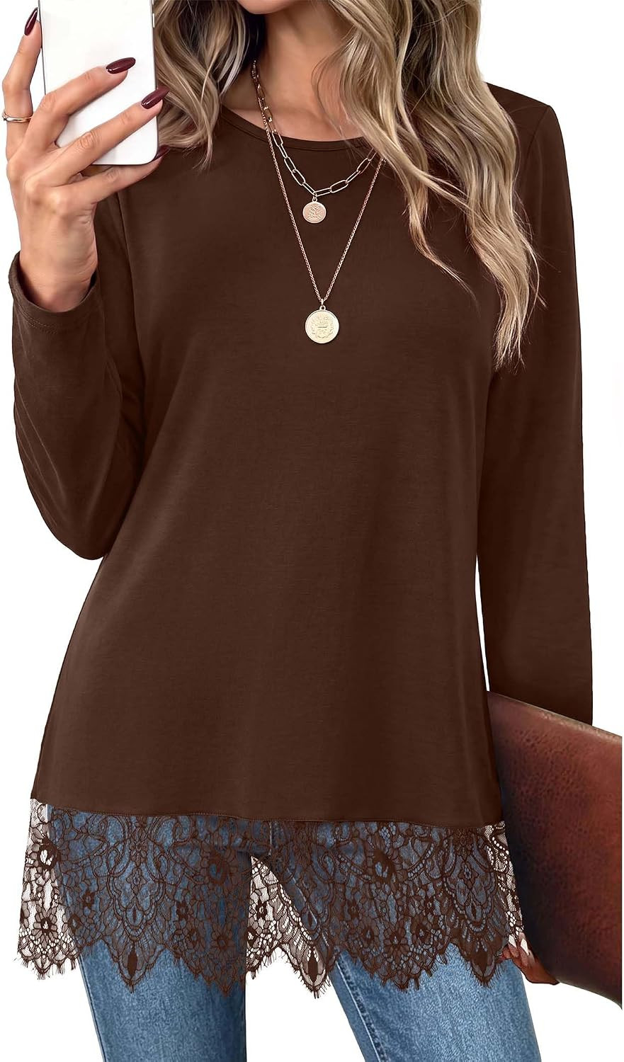OFEEFAN Long Sleeve Shirts for Women Fall Fashion Clothing Lace Tunic Tops | Amazon (US)