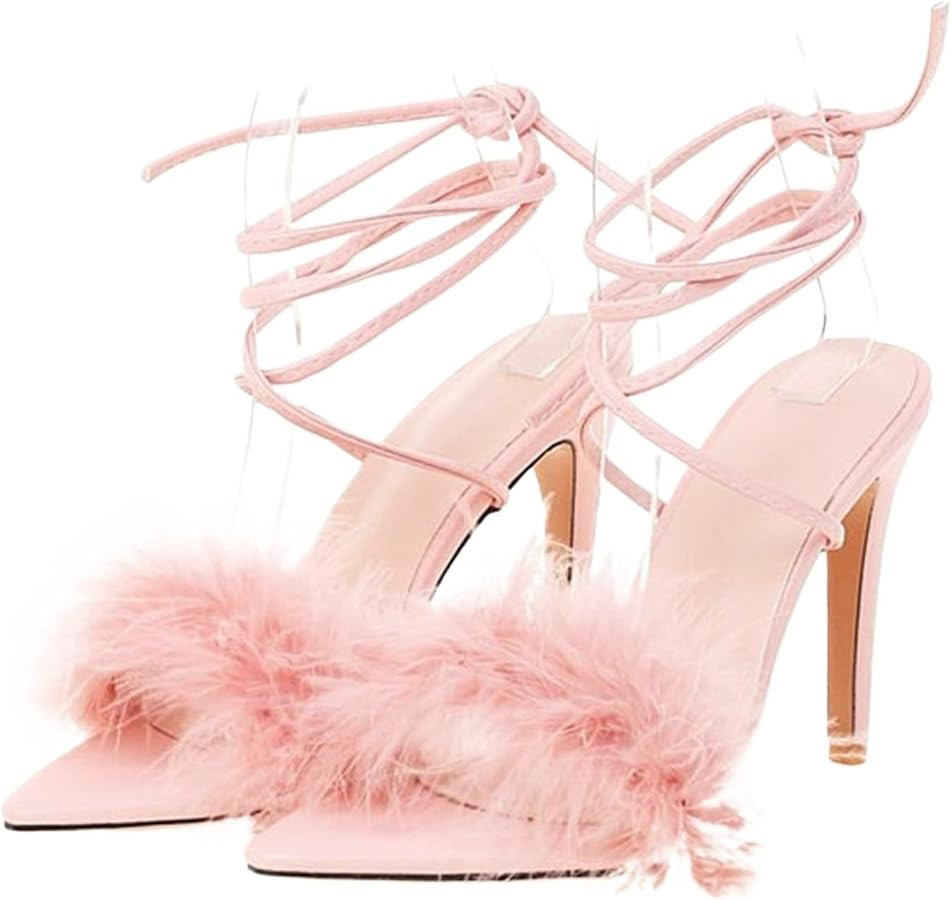 Women's Feather Strappy Heels Open Toe Stiletto High Heel Sandals Pump Wedding Party Dance Evenin... | Amazon (US)