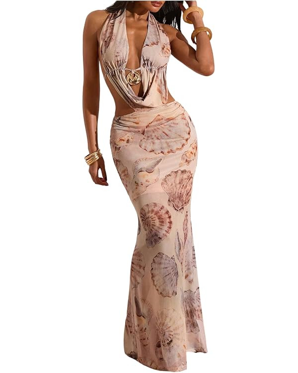 WDIRARA Women's Draped Halter Bodycon Dress Tie Dye Sleeveless Tie Backless Fishtail Maxi Dresses | Amazon (US)