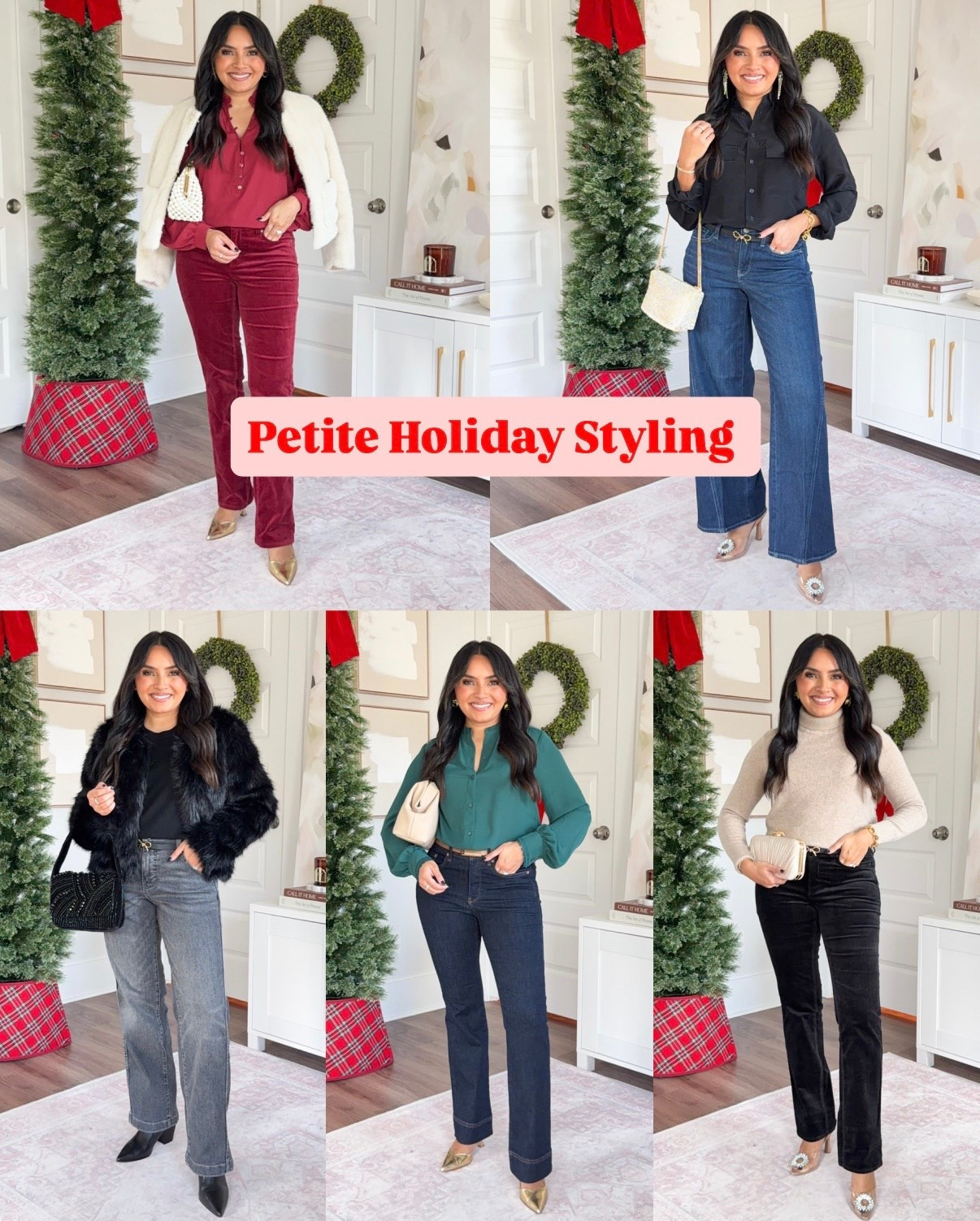 Holiday Styling with NYDJ!
For reference: I’m 5’0, 32b bra size, and 2/26 in bottoms, pear shaped. 
*Everything I share is unaltered! TTS means true to size. Between size 5-6.6 in shoes
All tops size xxs TTS
All pants and jeans size 0 petite - I size down a size in this brand

Wild currant top size xxs TTS
Natural ivory faux fur lady jacket size xxs regular - should sized up a size to button
Wild current red  marilyn velvet pants size 0 petite - I size down a size in this brand. These are currently sold out but I linked a similar option!

Black silk top size xxs TTS
Teresa wild leg jeans size 0 petite - I size down a size in this brand.
Bow belt - old, similar linked
Rhinestone heels - old, similar linked

Black faux fur coat size xxs regular TTS
Black sweater size xs petite TTS
Brooke loose jeans size 0 petite - I size down a size in this brand.
Bow belt - old, similar linked
Black leather boots size 5.5 TTS

Pine forest green top size xxs TTS
Barbara bootcut jeans size 0 petite - I size down a size in this brand. 
Belt size small TTS
Gold heels size 5 TTS

Taupe cashmere sweater size xxs TTS
Bow belt - old, similar linked
Black marilyn velvet pants size 0 petite - I size down a size in this brand. These are currently sold out but I linked a similar option!
Rhinestone heels - old, similar linked



holiday outfits
christmas outfits
petite holiday outfits
holiday tops
holiday pants outfits
jeans holiday outfit
festive outfits
christmas party outfit
winter outfits petite
petite style
holiday outfit ideas
holiday casual outfits
jeans and top holiday outfit
elevated basics
Office workwear holiday party 
petite fashion holiday
Rachel Miranda Blog
Honeysweetpetite

Comment SHOP below to receive a DM with the link to this post on my LTK ⬇ https://liketk.it/5DvVt #ltkpetite #ltkholiday #ltkworkwear

#LTKPetite #LTKHoliday #LTKgrwm