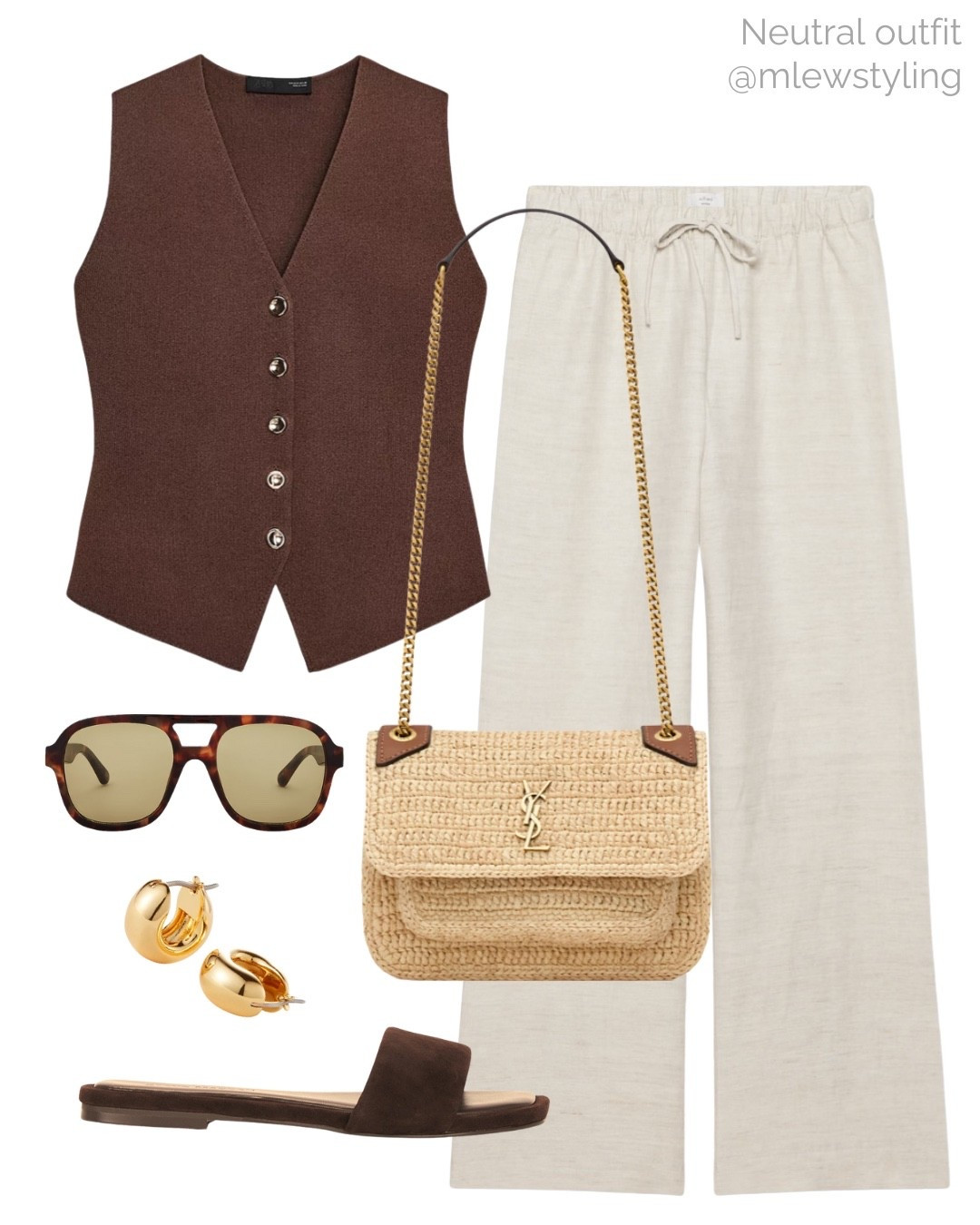 Elevated summer outfit ✨

Tags: aritzia lodge linen pants, new-in Zara knit vest, brown waistcoat, ysl raffia shoulder bag, aire aviator sunglasses, Steve Madden brown suede sandals, gold hoop earrings, brunch outfit, casual workwear, office look 

#LTKFindsUnder100 #LTKItBag #LTKWorkwear