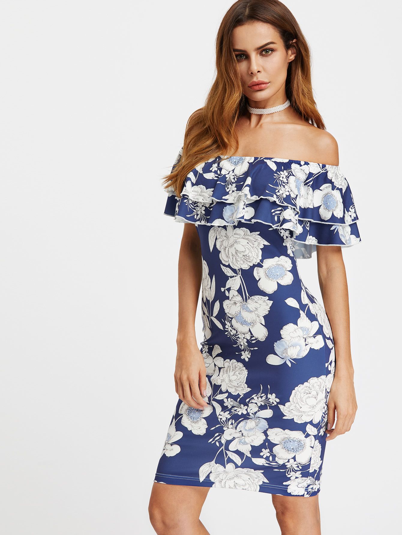 Floral Print Flounce Layered Neckline Fitted Dress | SHEIN