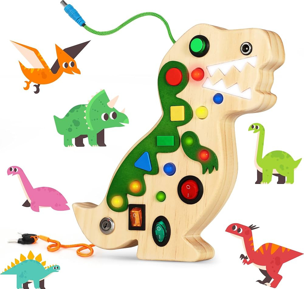 Montessori Busy Board Toy for Toddlers Busy Board with 10 LED Lights Switches Wooden Dinosaur Bus... | Amazon (US)