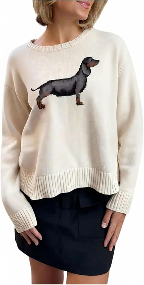 Women's Dog Graphic Sweater Crewneck Long Sleeve Pullover Sweaters Fall Jumper Top | Amazon (US)
