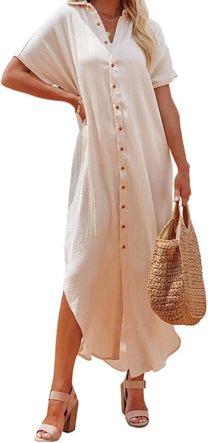 Dokotoo Womens Casual Short Sleeve Side Split Button Down Long Kimonos Cardigans Swimsuit Cover U... | Amazon (US)