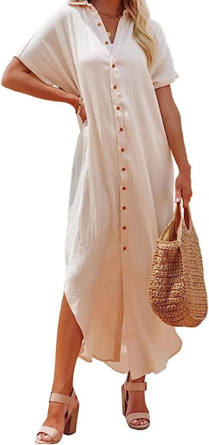 Dokotoo Womens Casual Short Sleeve Side Split Button Down Long Kimonos Cardigans Swimsuit Cover U... | Amazon (US)