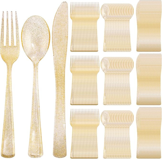Supernal 300pcs Gold Glitter Plastic Cutlery Disposable Utensils Gold Plastic Silverware Sets Inc... | Amazon (US)