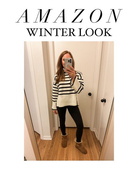 Amazon winter outfit // striped sweater // Toteme striped sweater dupe // black and white sweater // Uggs // comfy outfit idea // align legging dupe  

#LTKSeasonal