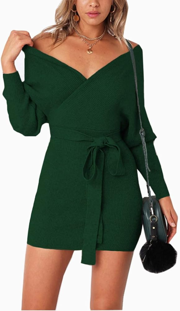 Mansy Women's Sexy Cocktail Batwing Long Sleeve Backless Mock Wrap Knit Sweater Mini Dress | Amazon (US)