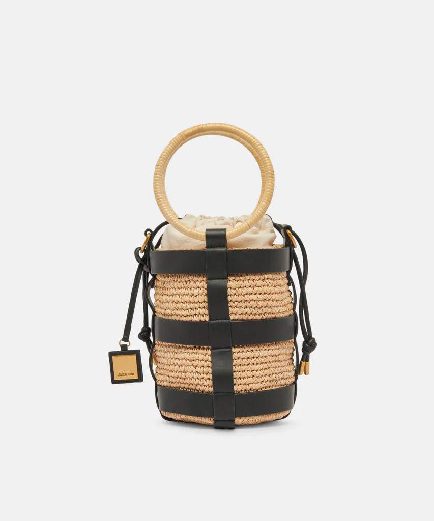 SHAENA BUCKET BAG BLACK NATURAL RAFFIA | DolceVita.com