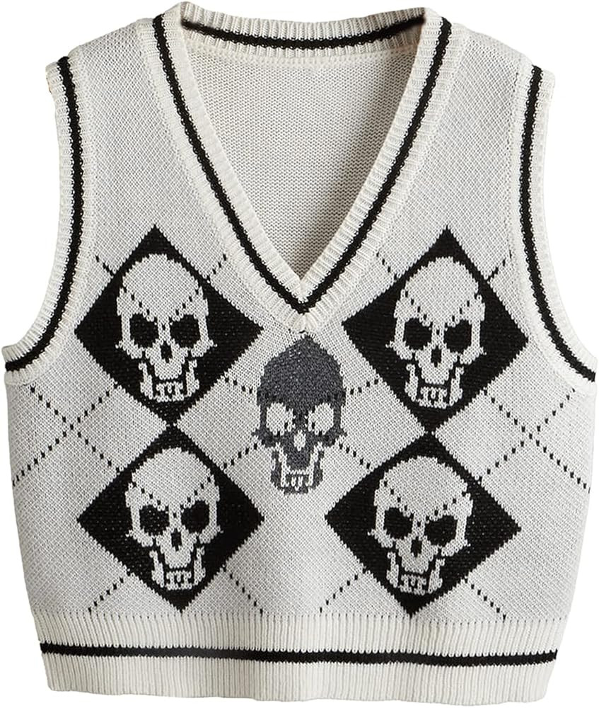 SweatyRocks Women's Sleeveless V Neck Knit Sweater Vest Skull Print Crop Tank Top | Amazon (US)