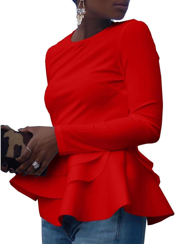 SEMATOMALA Women’s Elegant Peplum Zip Up Round Neck Long Sleeve Ruffle Hem Top Blazer Jacket Tailored Outwear | Amazon (US)