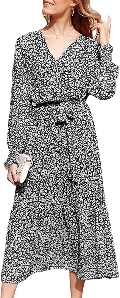 PRETTYGARDEN Women's Floral Print Boho Dress Long Sleeve Wrap V Neck Ruffle Belted A-Line Flowy M... | Amazon (US)