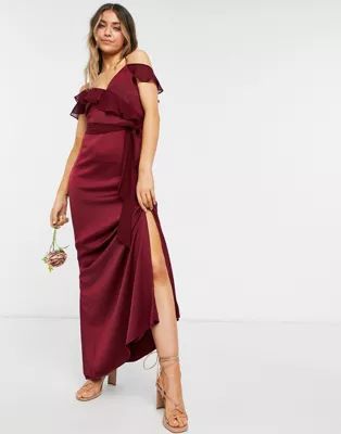 Oasis Bridesmaid ruffle satin maxi dress in burgundy | ASOS (Global)
