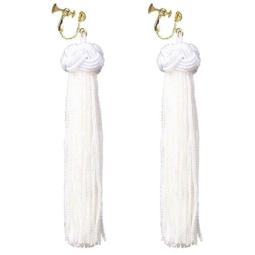 Handmade Bohemian White Fringe Clip on Dangle Earrings Long Tassel Prom Bar for Girls Women Dress... | Amazon (US)