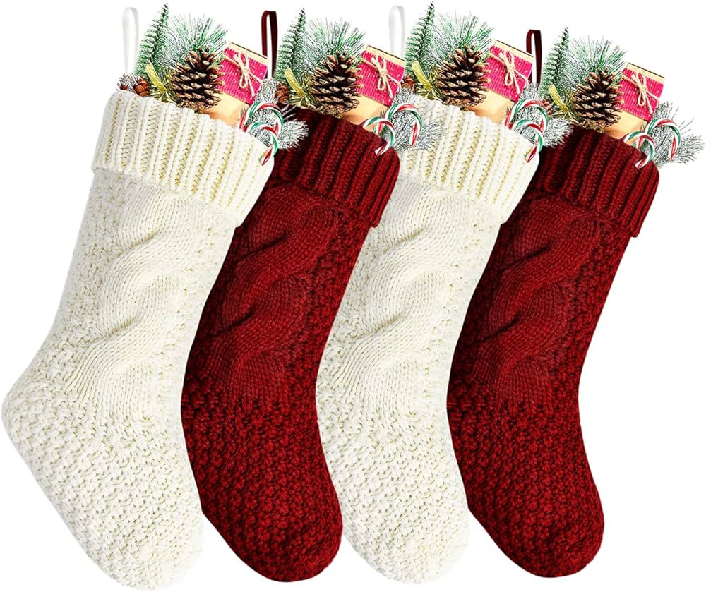 Kunyida Pack 4, Unique Burgundy and Ivory White Knit Christmas Stockings 14" | Amazon (US)