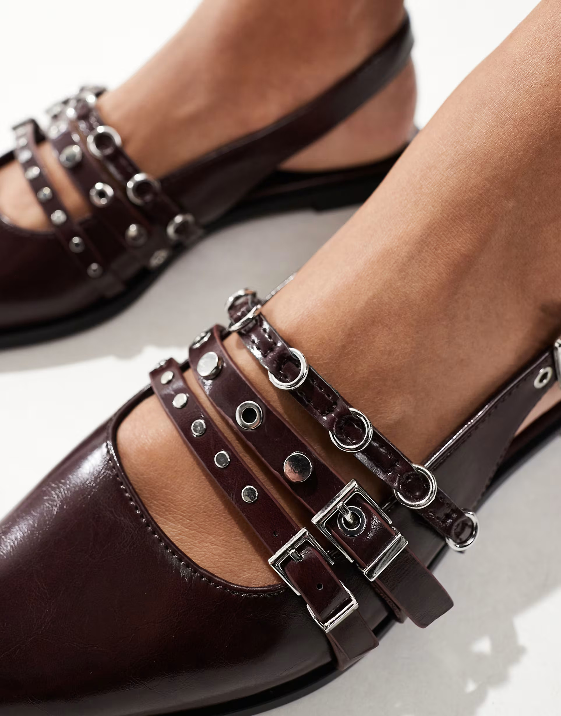 Stradivarius buckle detail flat slingback shoes in burgundy | ASOS (Global)