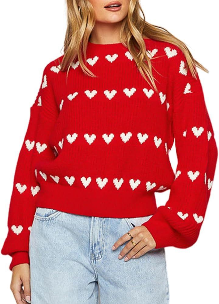 Wyeysyt Valentine Hearts Sweaters Cute Long Sleeve Crewneck Casual Knitted Sweaters Tops | Amazon (US)