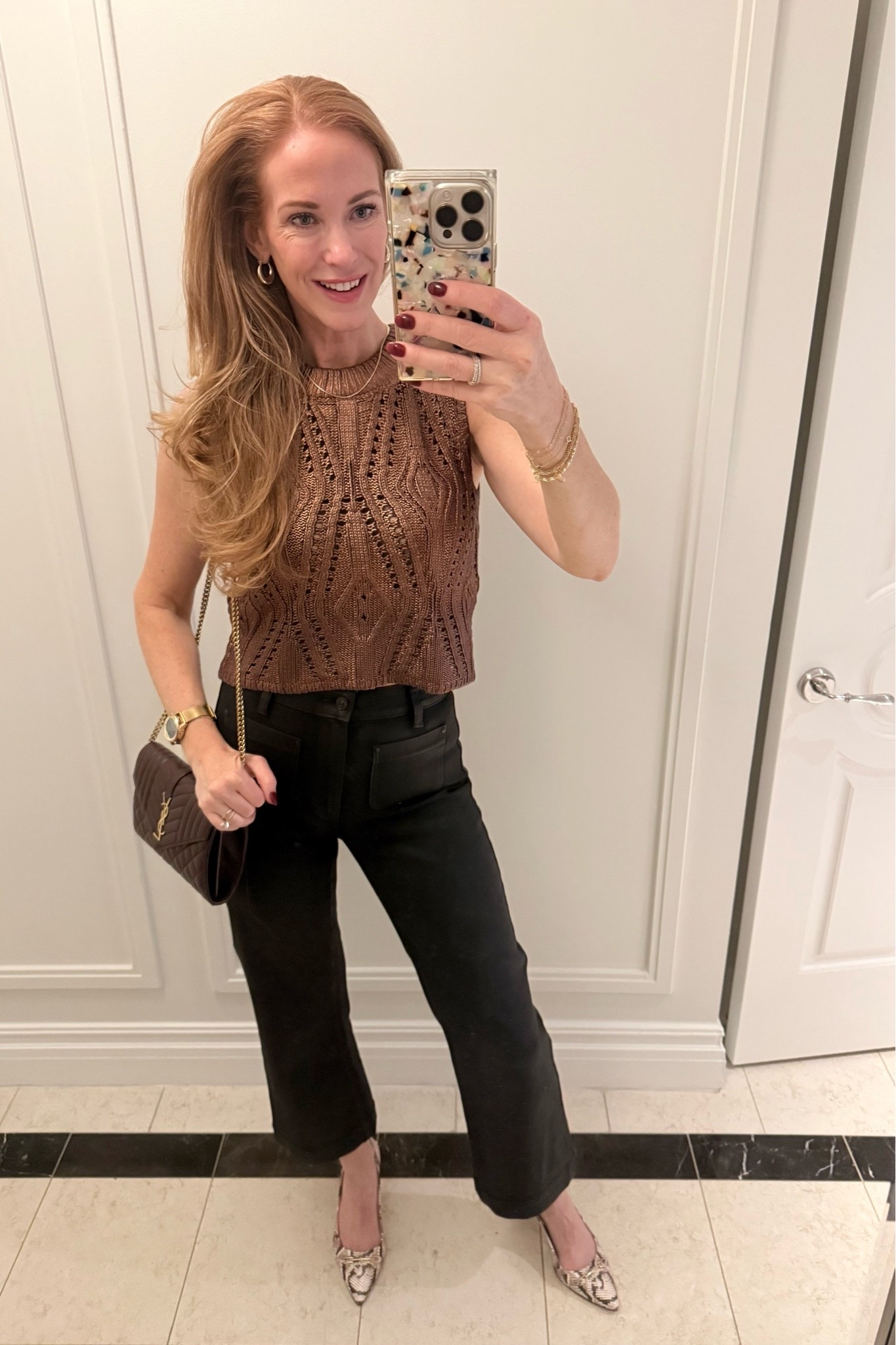 First night in Vegas team dinner outfit! I LOVE this crochet brown metallic top @Marie Oliver and coated black jeans.

#LTKTravel #LTKSeasonal #LTKootd