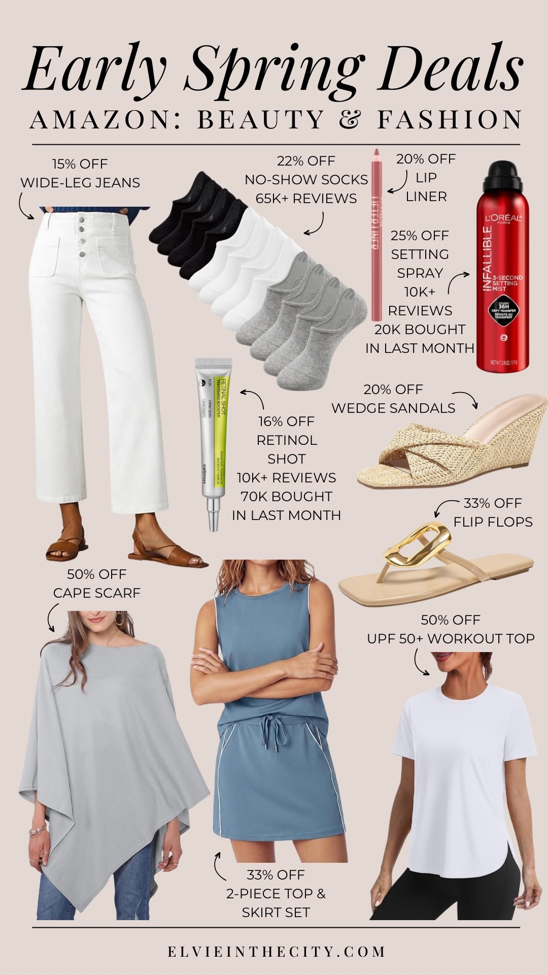 Early Spring Deals  from Amazon in beauty and fashion include white wide-leg jeans, no show socks, lip liner, setting spray, a cape scarf, a two-piece top and skirt set, retinol shot, wedge sandals, flip flops, and a UPF 50+ workout top.

Amazon deal, affordable fashion, fashion over 40, over 50 style, spring outfit idea

#LTKOver40 #LTKSaleAlert #LTKActive