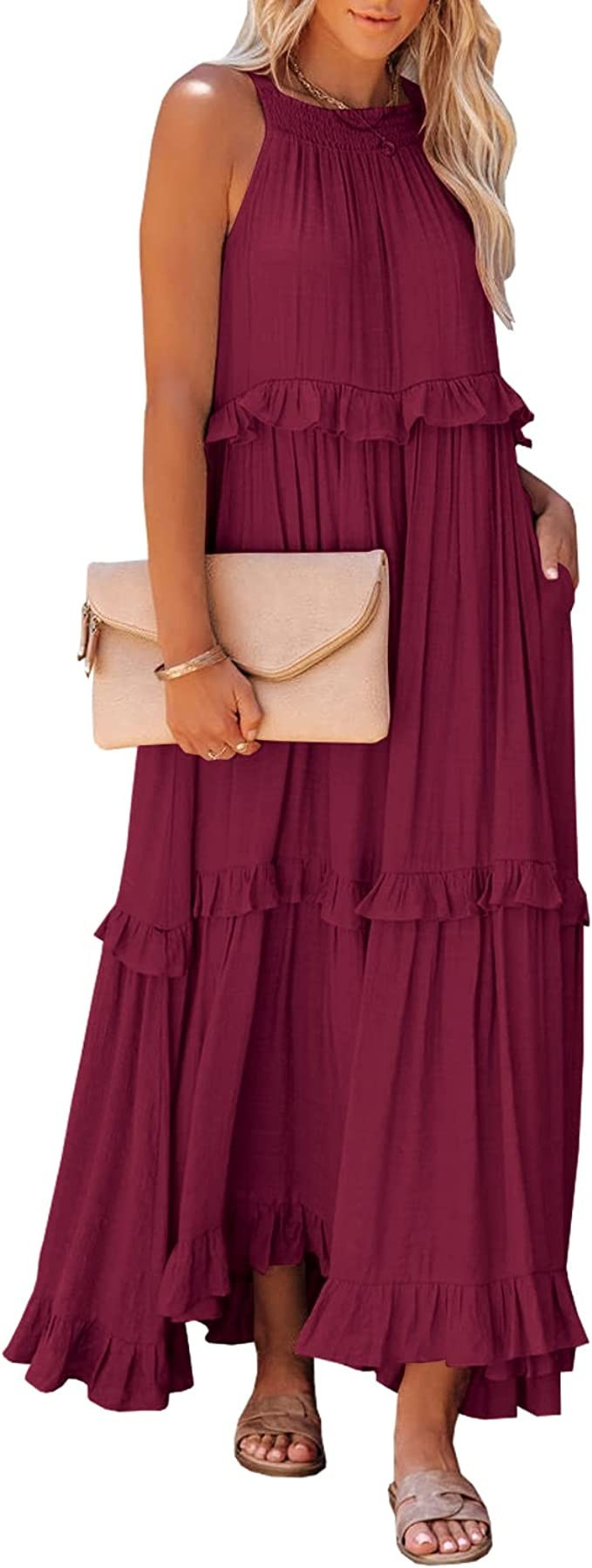 LAMISSCHE Womens Summer Maxi Dress Halter Sleeveless Tiered Beach Dress Casual Loose Swing Boho S... | Amazon (US)