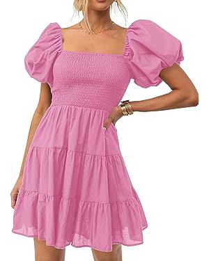 ZESICA Women's 2024 Boho Summer Square Neck Puff Sleeve Off Shoulder Smocked Tiered Casual A Line... | Amazon (US)