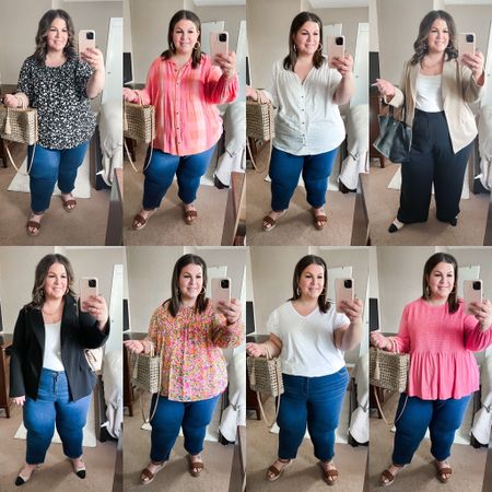 Sharing a round up of all plus size spring outfits from Walmart that have been best sellers lately! Plus size spring tops under $20, plus size blazer that are just $20, and really comfy wide width wedges! Wearing a 3X in tops/blazers and a 26 in jeans. 

#LTKunder50 #LTKcurves #LTKFind