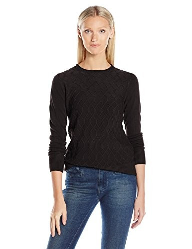 Sag Harbor Women's Long Sleeve Braided Cable Crew Neck Cashmerlon Sweater, Black, X-LARGE | Amazon (US)