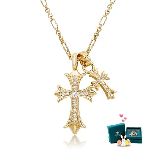 DAZLIME Gold Cross Necklace for Women,14K Gold Double Cross Necklace Non Tarnish,Handcrafted Doub... | Amazon (US)