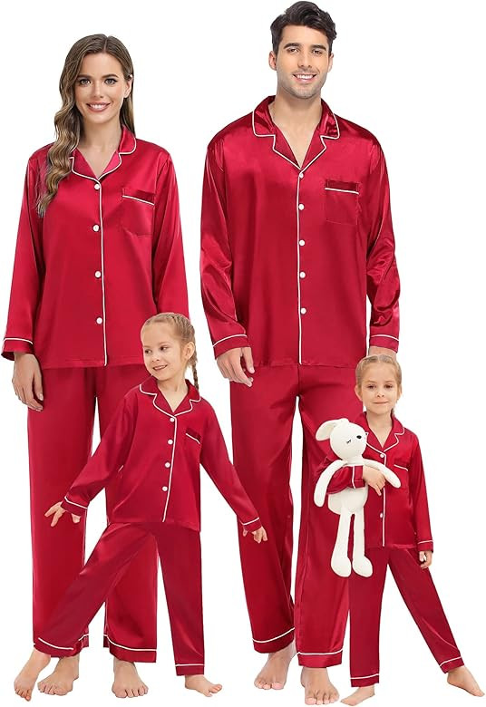 SWOMOG Family Matching Pajamas Set Silk Satin Button Down Sleepwear Long Sleeve Nightwear 2 Pcs P... | Amazon (US)