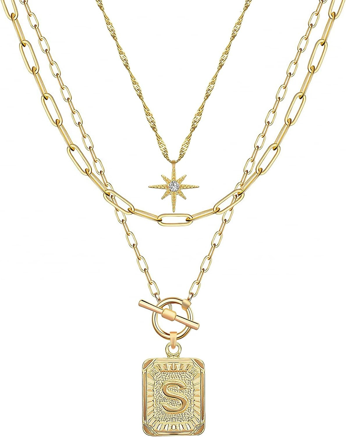 MJartoria Layered Initial Necklaces for Women Trendy, 14K Gold Plated Simple Star Choker Square L... | Amazon (US)