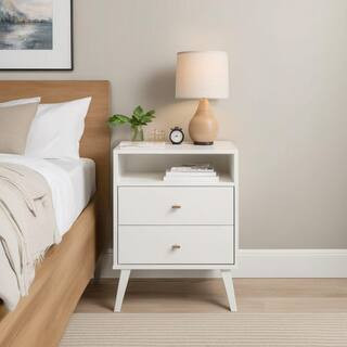 Milo Mid-Century Modern White 2-Drawer 22.25 in. W Nightstand Side Table with Open Shelf, Table Nightstand for Bedroom | The Home Depot