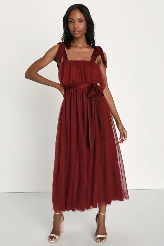 Lovely Influence Wine Red Tulle Swiss Dot Tie-Strap Midi Dress | Lulus (US)