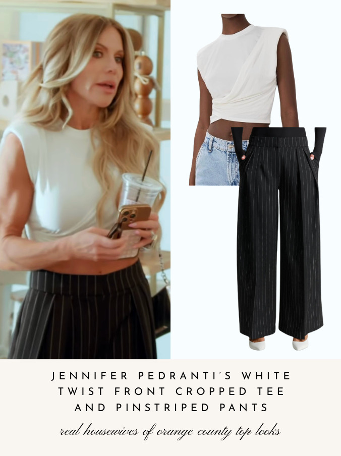 Jennifer Pedranti's White Twist Front Cropped Tee and Pinstriped Pants 

 