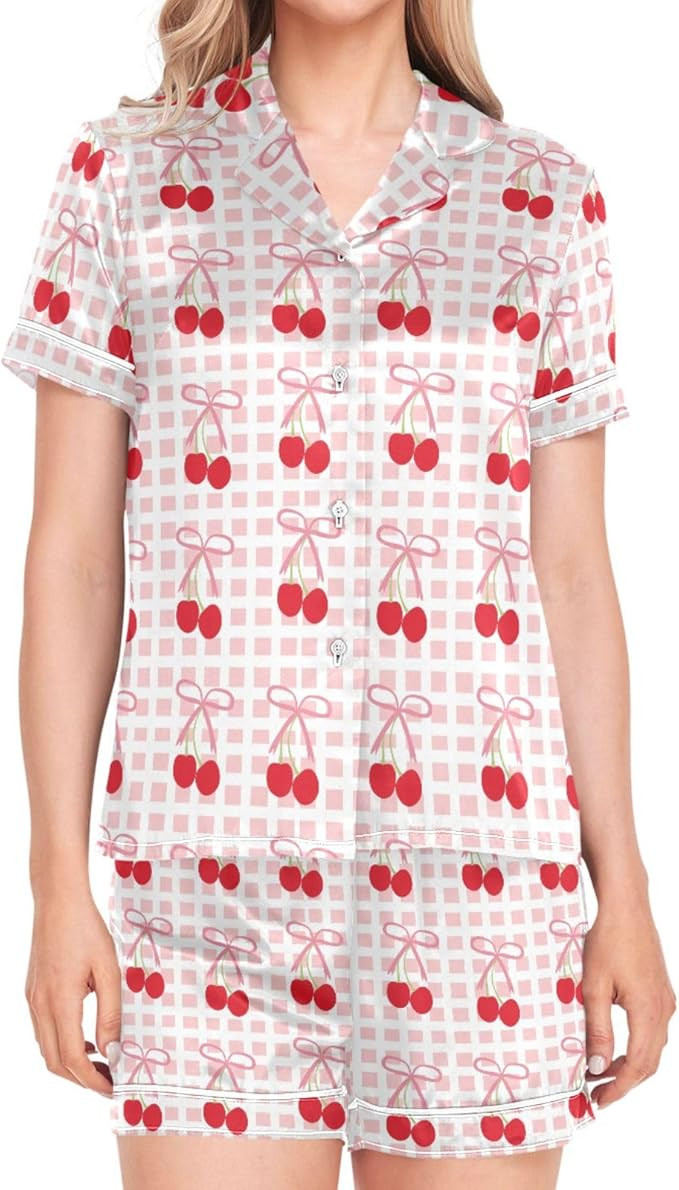 Womens Pajamas Set Bows Cherry Pink Plaid Checked Satin Pajamas Set for Women Soft Short Sleeve P... | Amazon (US)