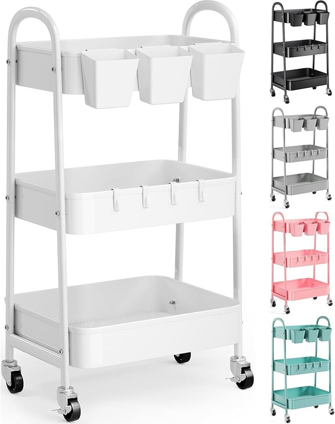 3 Tier Heavy Duty White Metal Rolling Cart with Wheels, Three Tiered Roller Book Snack Cart on Wh... | Amazon (US)