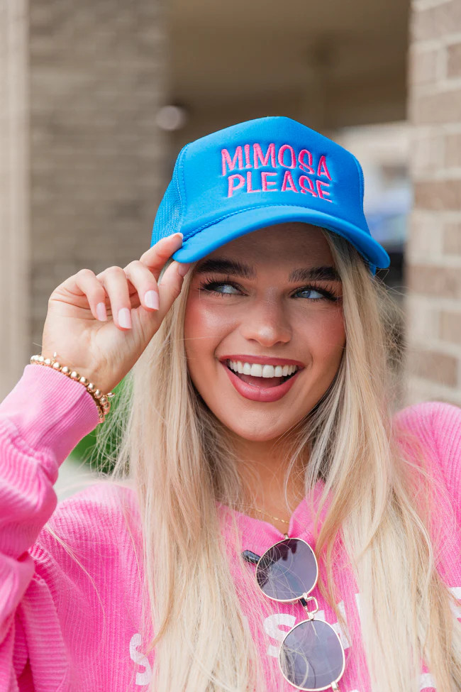 Mimosa Please Neon Blue Trucker Hat | Pink Lily