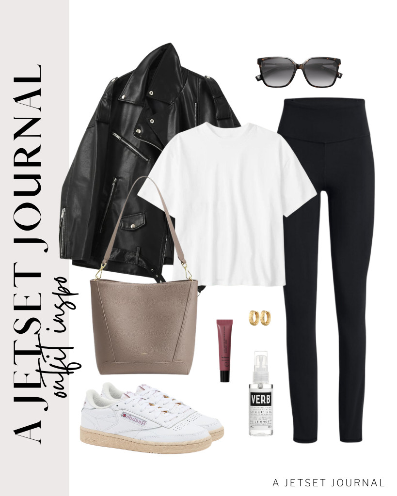 For the next outfit, wear a white cropped T-shirt, buttery-soft leggings, and a black faux leather jacket. Grab a Kattee shoulder bag and complete the look with Reebok tennis sneakers for a cozy, chic finish. 

 #LTKSeasonal #LTKSaleAlert