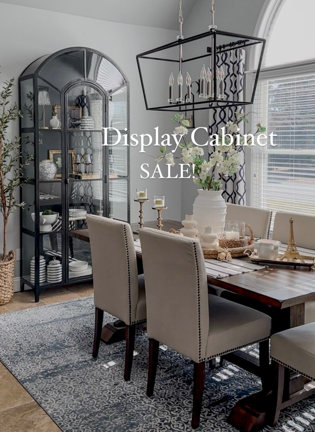 Display cabinet on 4th of July warehouse sale! Over $400 off! Dining room styling! Shop tall cherry blossoms, neutral vase set, large vase, trays, candleholders, black display cabinet, olive tree, summer home decor accessories, summer candle, amber wine glasses, chandelier, dining room table, dining chairs. Target, Crate and Barrel, amazon, Walmart, Pottery Barn, Wayfair 

#LTKSaleAlert #LTKHome #LTKFindsUnder50