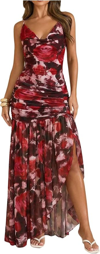 Floerns Women's Floral Halter Dress Sleeveless Split Vacation Maxi Dresses | Amazon (US)