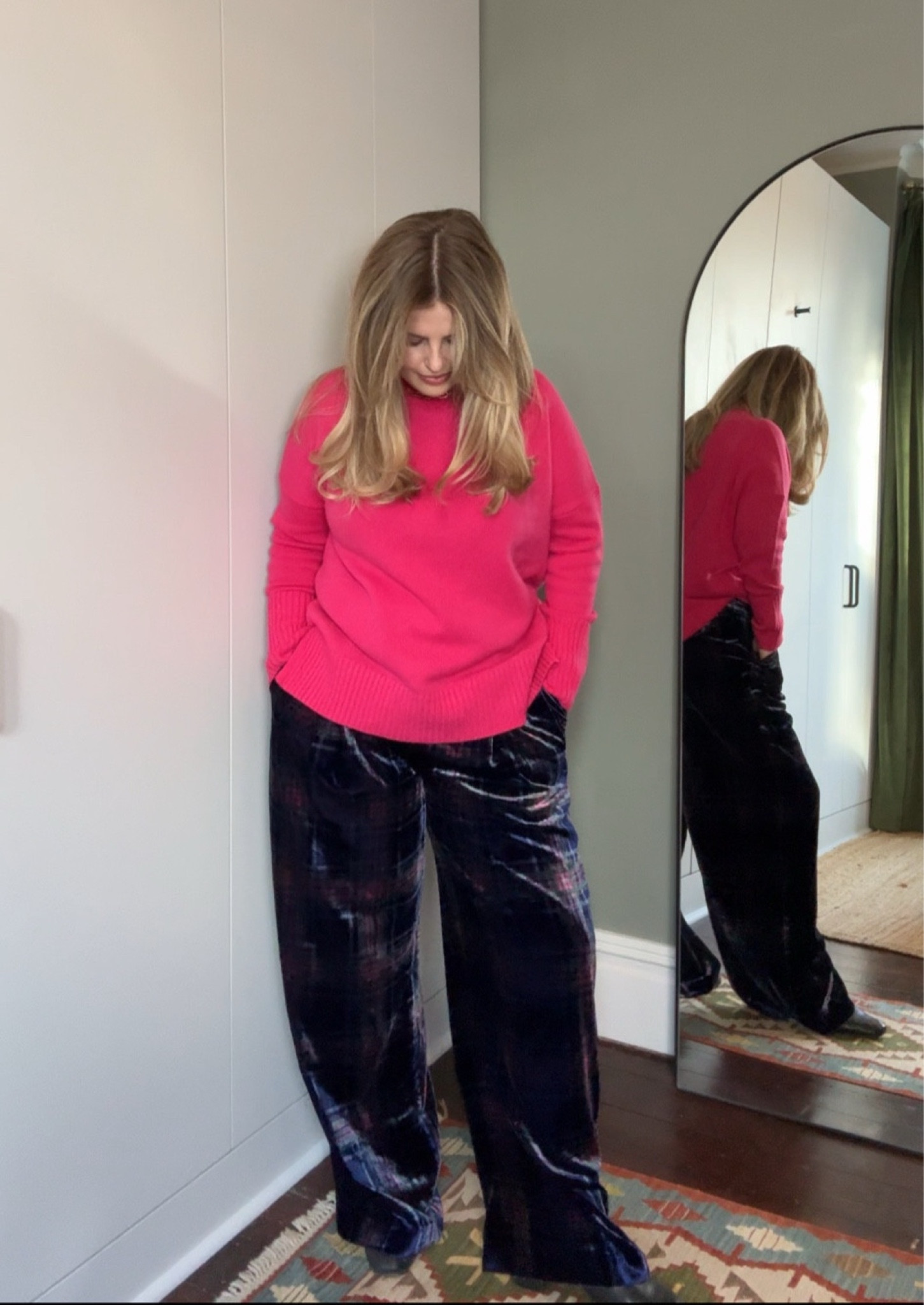 Ad | mix and match party season pieces with Boden! I'm wearing a M in the jumper and an 18R in the trousers 💕 Hot pink turtle neck oversized plaid velvet trousers 

#LTKmidsize #LTKpartywear #LTKcurves