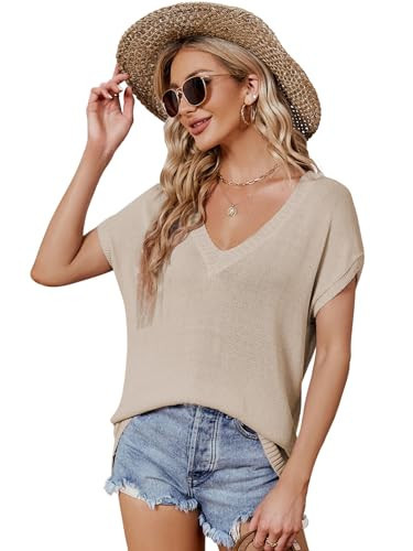 Women's V-Neck Knit Tunic Sweater - Chic Short Sleeve Pullover with Batwing Dolman Top Design Beige | Amazon (US)